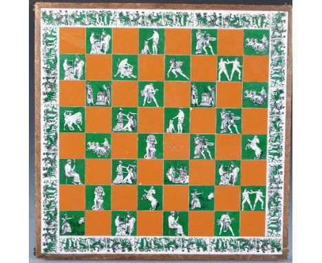A vintage 20th Century wooden chess board set with coloured ceramic tiles having Greek style decoration throughout depicting 