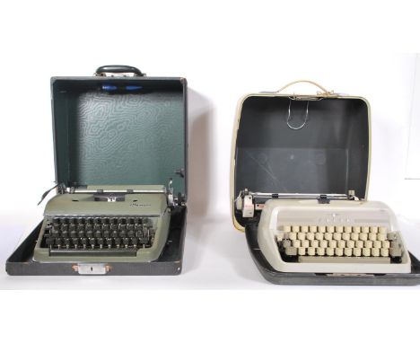 A vintage 20th Century Olympia portable typewriter in original fitted carry case together with a vintage circa 1960's Adler J