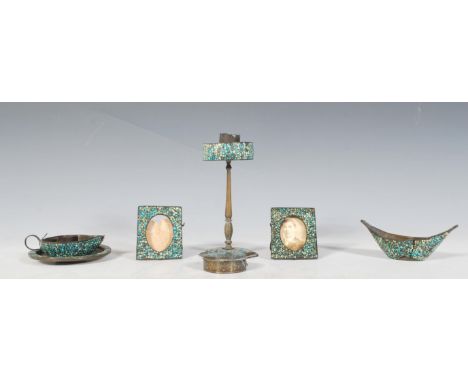 A collection of early 20th Century Indian miniature ornaments set with turquoise stones to include a candle stick holder, two