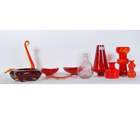 A selection of 20th century vintage studio art ruby and red glass to include a pair of triangular ornamental bowls, a knopped