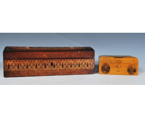 A 19th Century Victorian burr walnut trinket / glove box of rectangular form having tunbridge ware decoration throughout with