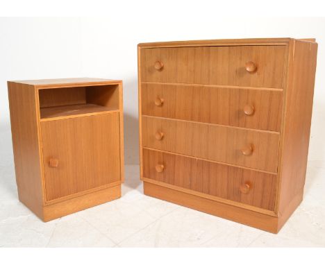 A vintage retro 20th Century light oak chest of drawers, four straight drawers fitted with turned knob handles raised on a pl