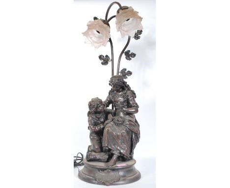 A 20th Century bronzed table lamp titled ' Confidence ' depicting a young boy and his mother nursing a nest of birds, the gla