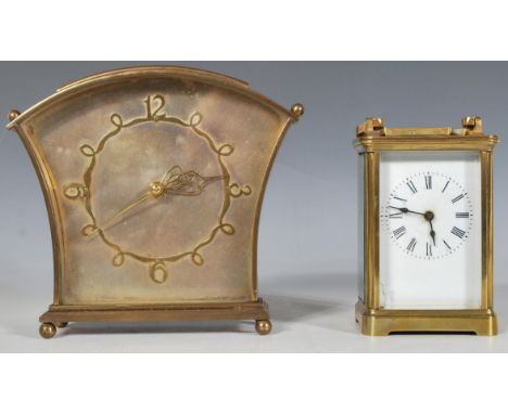 A vintage brass Carriage Clock of five-glass form, possibly French, white enamel face having a Roman numeral chapter ring, ca