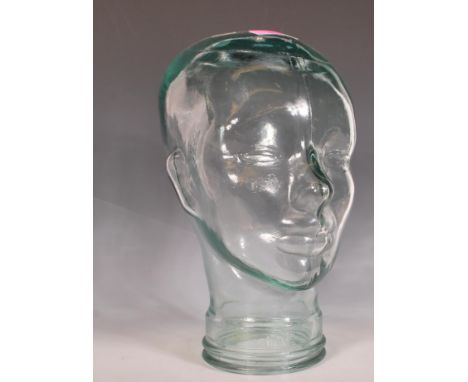 A 20th Century phrenology / milliners shop display pressed glass mannequin head of typical form with applied makers sticker '