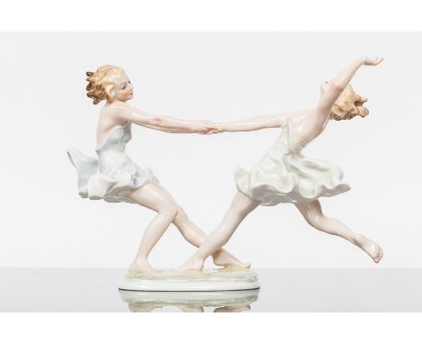 GERMAN HUTSCHENREUTHER PORCELAIN FIGURE GROUP BY K TUTTER
of two girls, green stamp to base, 28cm wide 