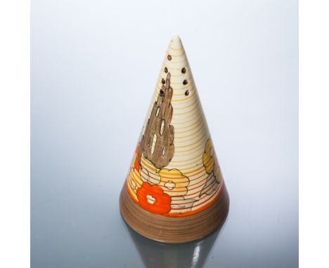 CLARICE CLIFF PEPPER SHAKER
of triangular form, floral decoration in orange, yellow and brown with concentric circles, black 