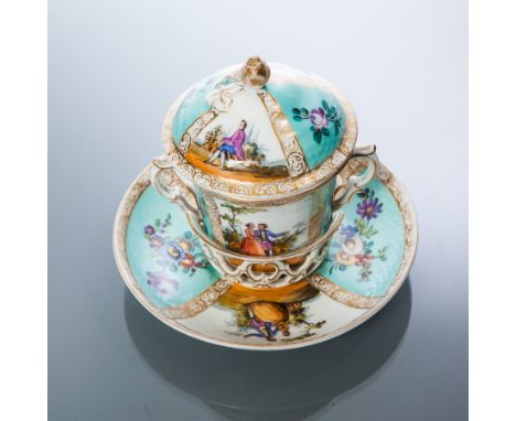 19TH CENTURY DRESDEN HELENA WOLFSOHN CHOCOLATE CUP AND SAUCER
under glazed blue 'AR' Augustus Rex mark, with typical figural 