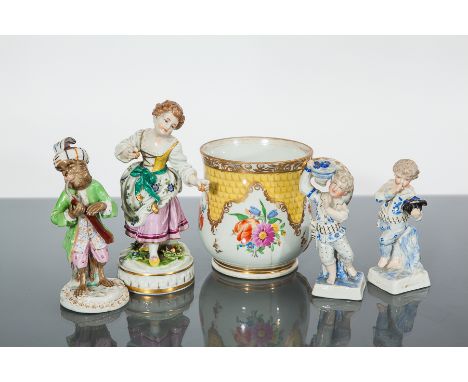 GROUP OF 19TH CENTURY DRESDEN AND LATER GERMAN CERAMIC FIGURES
including  a figure of a maiden, a monkey playing a bassoon, a