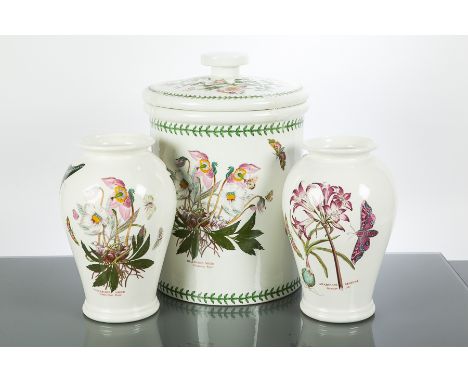 LARGE PORTMERION CYLINDRICAL BREAD BIN AND COVER
decorated with the Botanic Garden pattern, 38 cms. high and a pair of balust