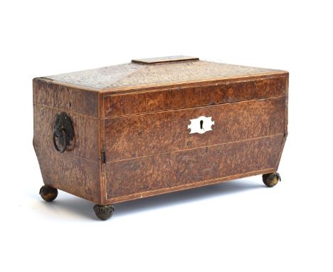 A Regency burr walnut tea caddy, of sarcophagus form, the interior with two hinged compartments, on metal bun feet with acant
