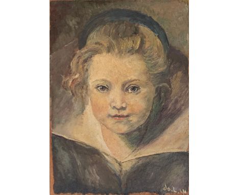 20th century French school, portrait of a young girl, oil on board, signed indistinctly and dated 1944, 32 x 23cm 