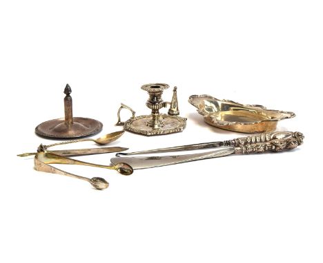 A mixed lot of silver to include a Regency candle holder by Joseph Angell I, London 1826; pin dish; sugar tongs; shoe horn an
