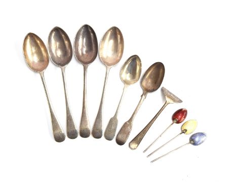 A set of four Old English silver table spoons by Robert Pringle &amp; Sons, London 1927; together with several other tea spoo