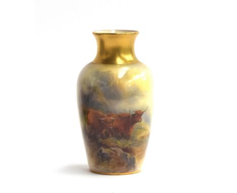 A Royal Worcester porcelain vase painted Highland Cattle in landscape by Harry Stinton, rim heightened in gilt, signed, shape
