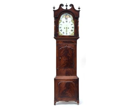 A mahogany longcase clock, broken pediment over the domed dial with sun and moon phase, 222cm high