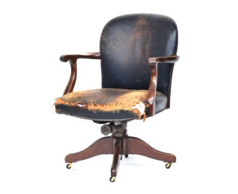 A 20th century green leather and mahogany swivel desk chair, the base marked 'Hillcrest Chair Actions'