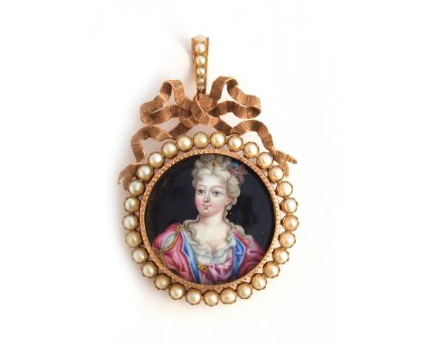 A 19th century enamel portrait miniature pendant, possibly Marie Antoinette, the portrait in a yellow metal mount encircled b