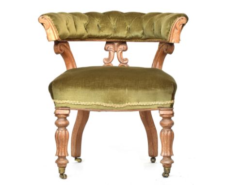 A Continental carved desk chair, upholstered in green cord 
