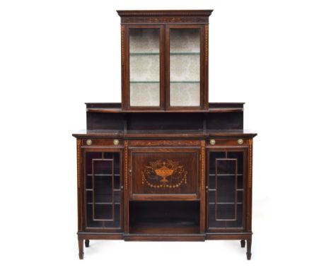 An early 20th century mahogany and marquetry breakfront side cabinet by Edwards and Roberts, the top with glazed display sect