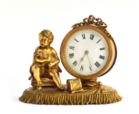 A French gilt metal figural mantel clock in the form of a drummer boy with dog, enamel dial with Roman numerals, 16.5cm high 