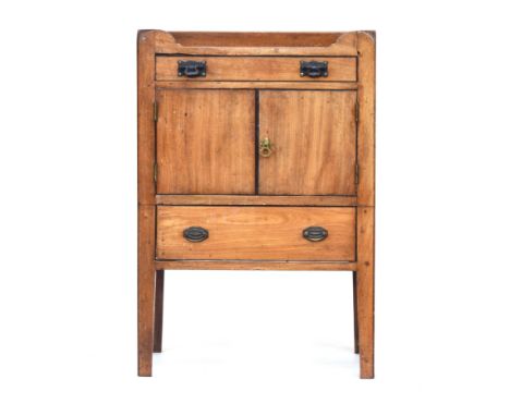 A Regency mahogany night stand, three quarter gallery top over single drawer and cupboard, with converted commode drawer belo