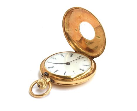 A Victorian 18ct gold half hunter pocket watch, the white enamel dial with Roman numerals and blued hands, the case by Rother