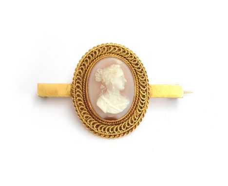 A Victorian gold agate cameo brooch, carved oval portrait of a lady within wirework border, 6.6g (agate chipped) 