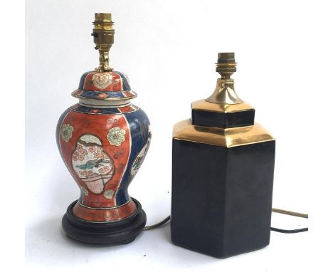 A hexagonal black ceramic table lamp, heightened in gilt, 28cmH; together with a modern Chinese ceramic table lamp, 33cmH 