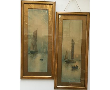 Garman Morris, a pair of pastel and watercolours of fishing boats, 'sunrise' and 'sunset', each 52x16cm 