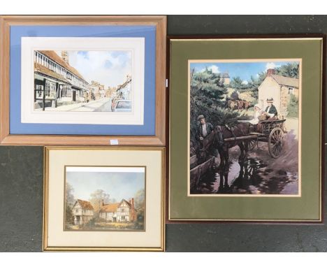 A watercolour of a village street, 30x18.5cm; together with a print, Stanhope A. Forbes, 'The Drinking Trough', 32.5x40cm; an