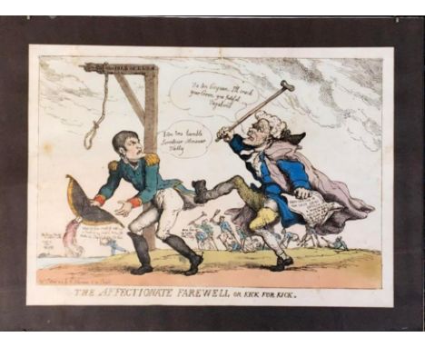 A hand coloured 19th century etching of Napoleon, 'The Affectionate Farewell or Kick for Kick', R. Ackermann, no. 101 Strand,