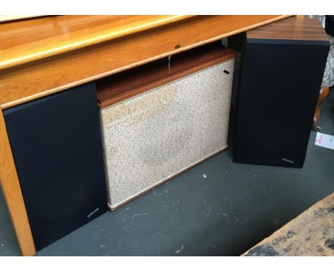 A pair of Sanyo speakers, together with a large Wolfdale speaker; and a Leak FM Trough Line 3