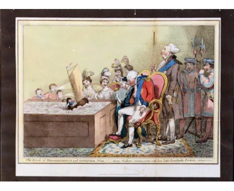 A hand coloured 19th century etching; 'The King of Brobdingnag and Gulliver', published by John Miller, Bridge Street, &amp; 
