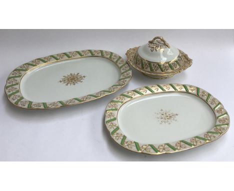Two meat plates, the larger 51cmW, stamped to base, G.G &amp; Co. heightened in green and gilt, with a lidded tureen 