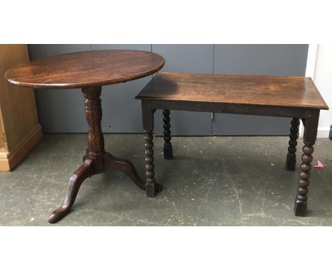 A 18th century oak occasional table, on bobbin turned legs, 91x49x58cm; together with an oak tip-top table on oak tripod base