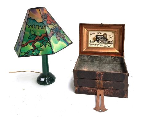 An Art Deco style table lamp; together with an Art Nouveau style metamorphic tin sewing box, 26.5cmW 