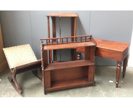 A 19th century commode/baby bath; a set of wall hanging shelves; mahogany whatnot and a gout stool 