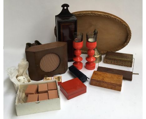 A mixed lot to include brass bell; 1970s turned wood and smoked glass candle holders; wall hanging letter box; several small 