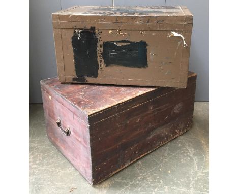 An Army and Navy tin lined travel trunk, 81cmW; together with a large Victorian pine blanket box, 91cmW 