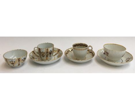 A lot of three teabowls, cups and saucers, to include Newhall, each hand painted and heightened in gilt (7) 
