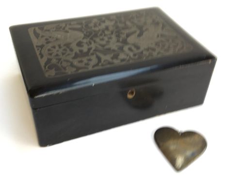 A black lacquered wooden box, 35cmw together with a brass heart and an Art Nouveau style desk lamp 