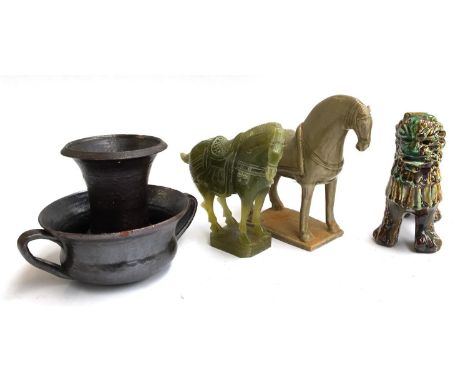 A carved hardstone horse; together with a ceramic horse; studio pottery salt glazed vases and glazed ceramic Chinese foo dog 