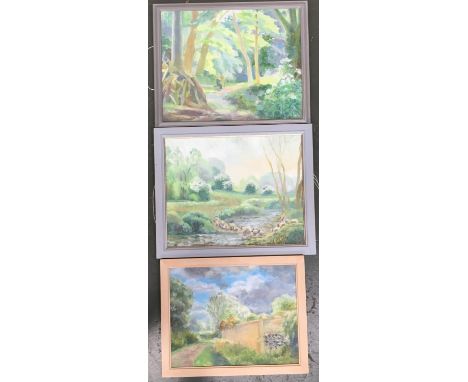 Three 20th century oil on board, various landscapes; together with a print of a church, a pastel tree study, and mixed media 