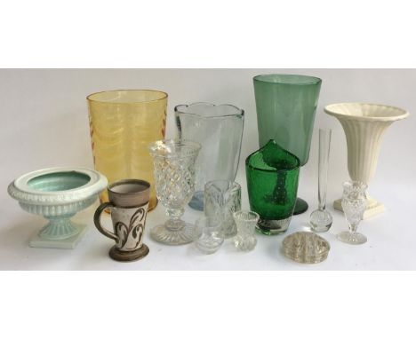 A number of studio glass, bubble glass and ceramic vases, of various shapes and sizes, to include Fulham pottery, the tallest