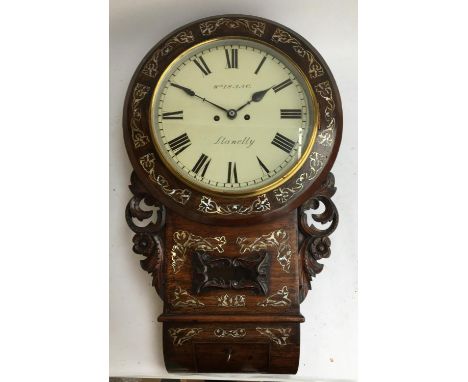 A drop dial wall clock, the dial 30.5cm, marked William Isaac, Llanelly, roman numerals, within oak case with mother of pearl