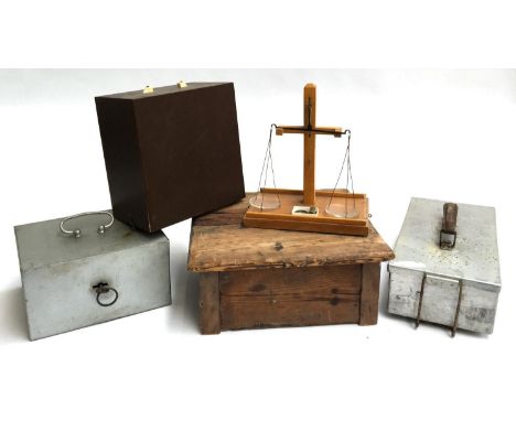 A cased set of scales; an early 20th century pine shoe polish box; a metal safe box and one other 