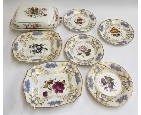 A late 18th/early 19th century part dinner service, hand painted with differing floral designs, to include four plates, two s