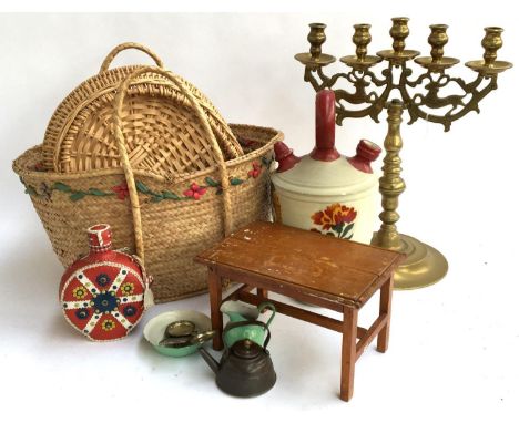 A mixed lot to include a five armed brass candlestick holder, wicker baskets, flask etc 