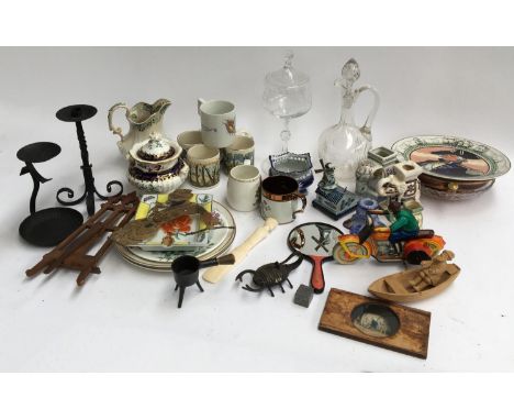 A large mixed lot to include Doulton character plate, mixed ceramics, metal candlestick holders, continental blue and white c